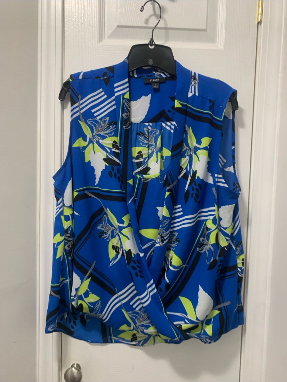 Alfani Royal Blue Floral Drape Front Sleeveless Top